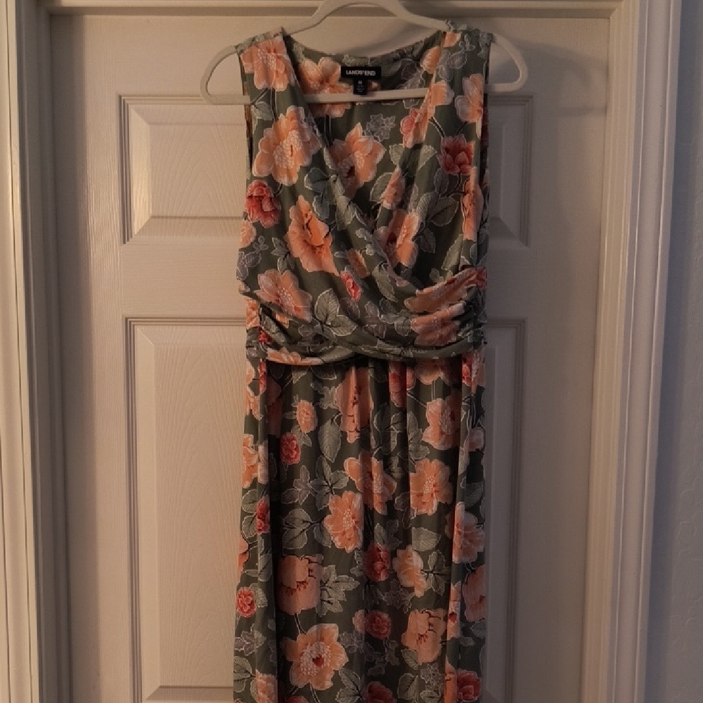 Lands' End Floral Fit and FlareMidi Dress in Green and Peach size 10-12